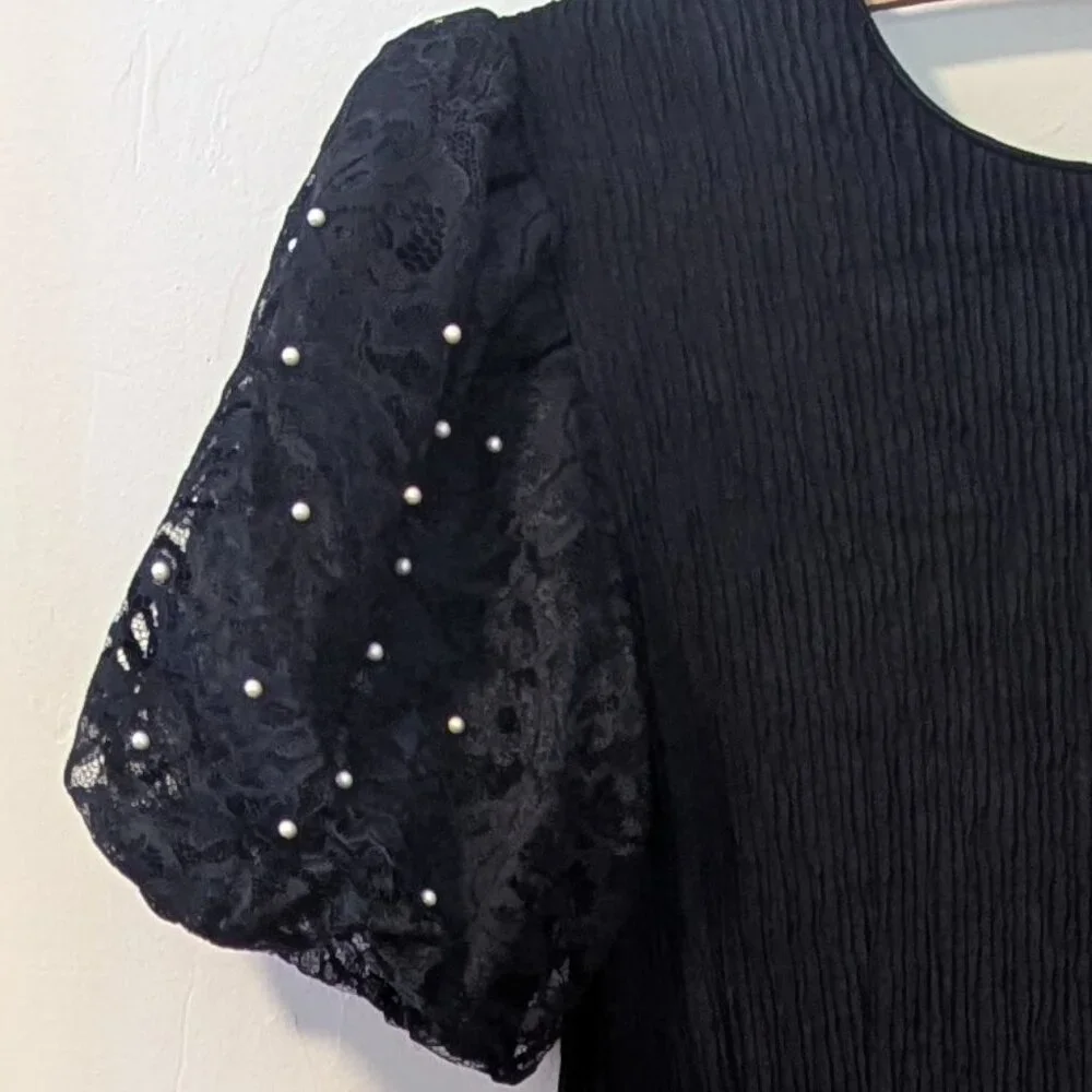 Vintage Lace Pearl Puff Sleeve Leslie Fay Dress Crepe Crinkle 80’s Holiday Party